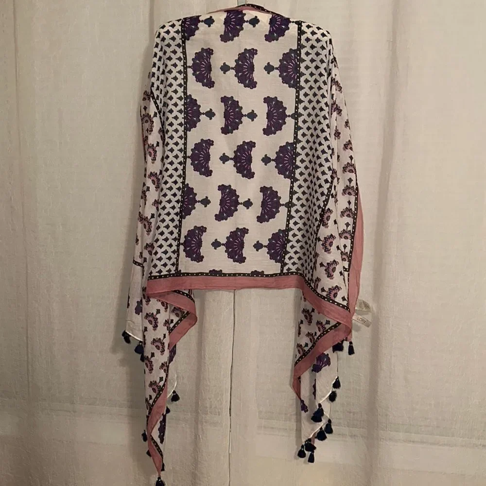 LOFT White Blush Pink Indigo Purple Silver Metallic Floral Tasseled Scarf Wrap